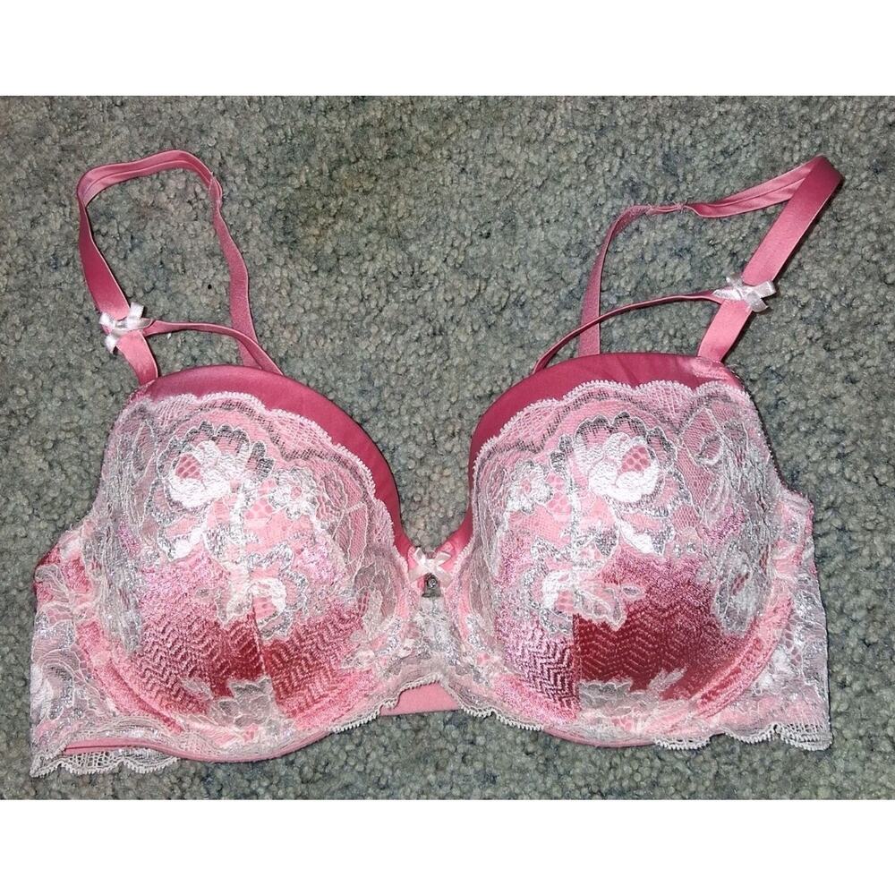 Victoria’s Secret Dream Angels Lined Demi Floral Lace Bra 34DD pink silver white